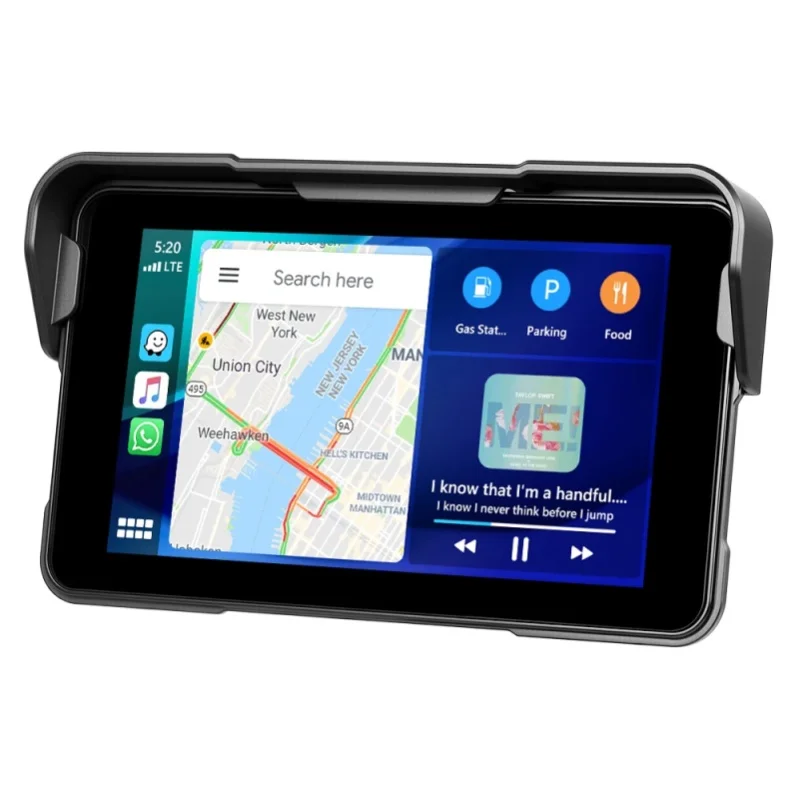 Podofo Tragbarer 5-Zoll-Motorrad-MP5-Multimedia-Player, universeller intelligenter Stereo-Monitor mit integriertem kabellosen Carplay, Android Auto, BT, FM für Motorrad-Audio-Video-Unterhaltungssystem