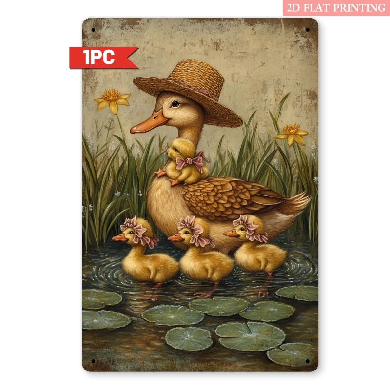 2D Flat, 2D Metal Decorative Plaque - A 2D Metal Sign Depicting a Family of Ducks Wearing Straw Hats, Measuring 8x12 Inches, Fea
