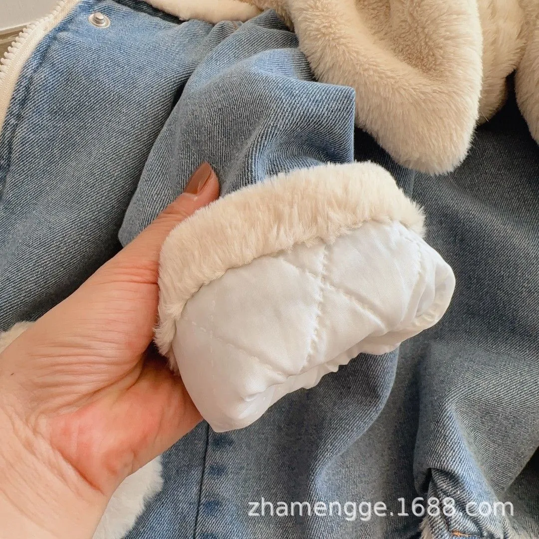 Winter Neue Mädchen-Jeansjacke mit Cartoon-Kaninchenmuster, Patchwork-Futter, Lammwolle, dicker Kapuzenmantel für Kinder von 2-8 Jahren, warme Oberbekleidung – Detail 8