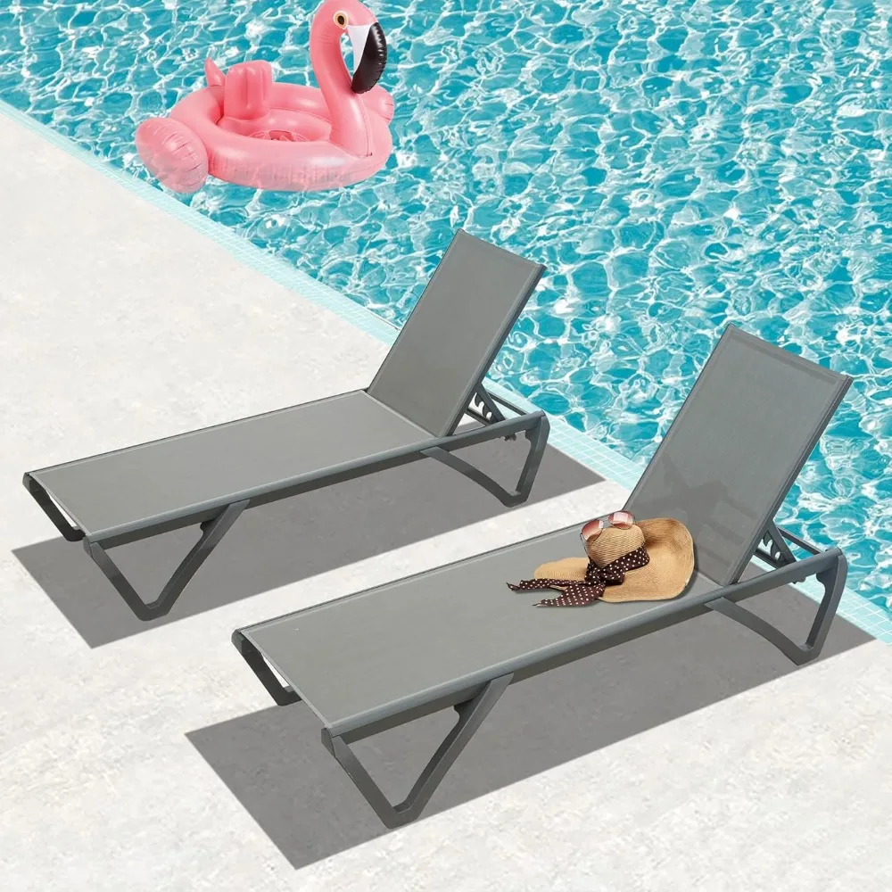 

Pool Lounge Chairs Set of 2, Adjustable Aluminum Plastic Outdoor Chaise Lounge, All Weather for Outside Beach Poolside Lawn-Grey