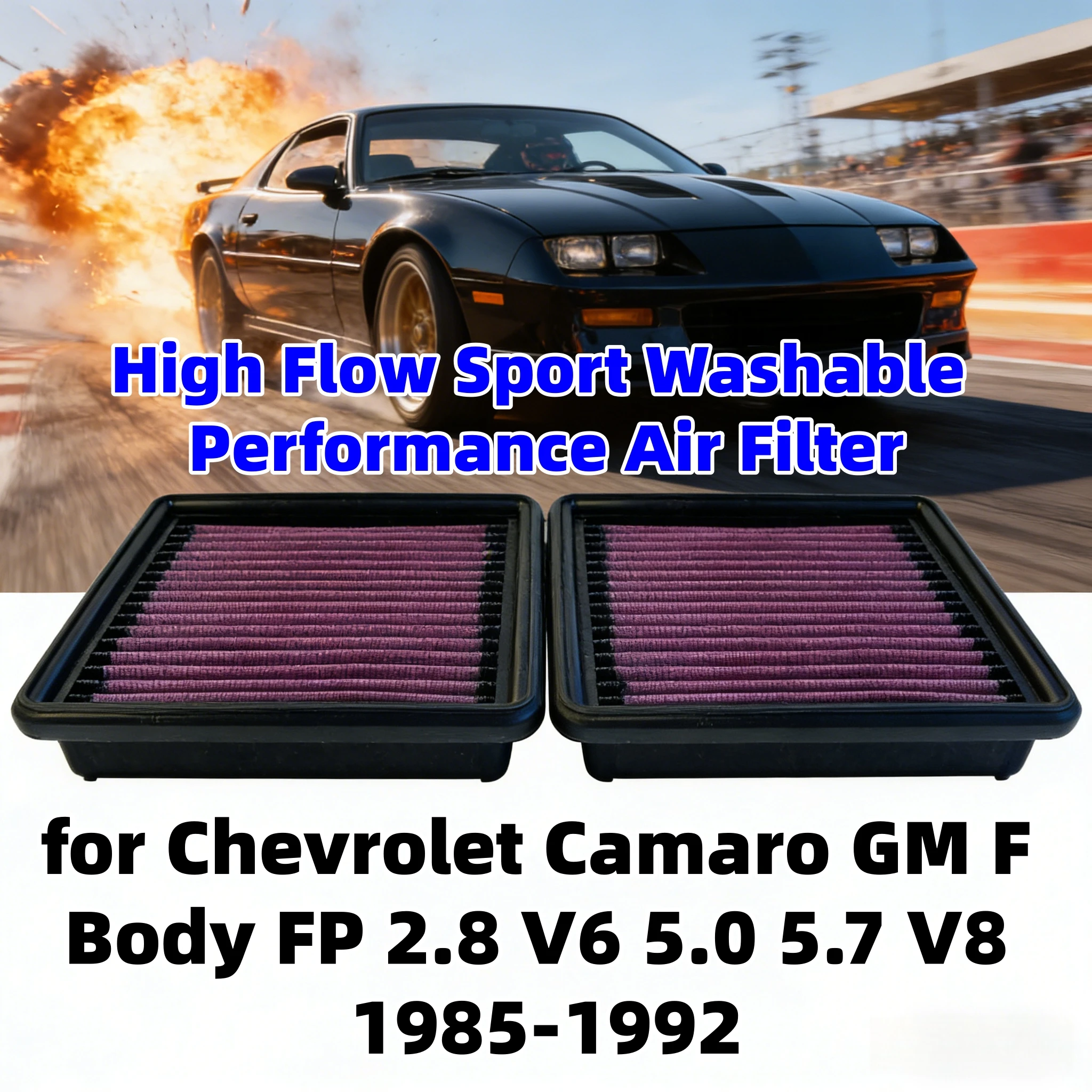 

for Chevrolet Camaro GM F Body FP 2.8 V6 5.0 5.7 V8 1985-1992 High Flow Sport Washable Performance Air Filter 33-2008-1 25043246