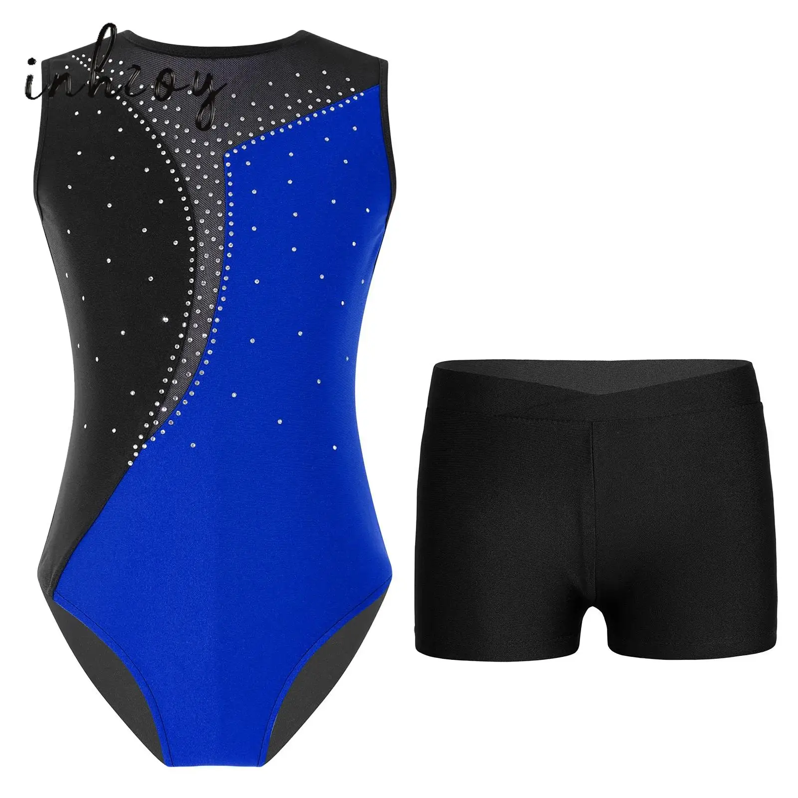 

2Pcs Kids Girls Ballet Dance Sets Shiny Rhinestones Contrast Color Sleeveless Leotard+Shorts for Gymnastics Workout Performance