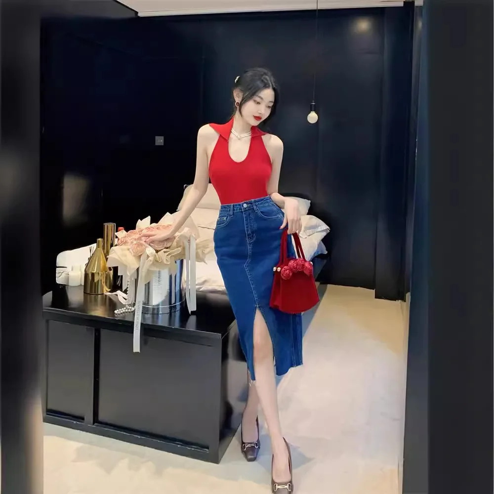 

7146 Summer French Style Sexy Backless Halter Neck Design Turn-Down Collar Slim Fit Paper Thin Tank Top For Women