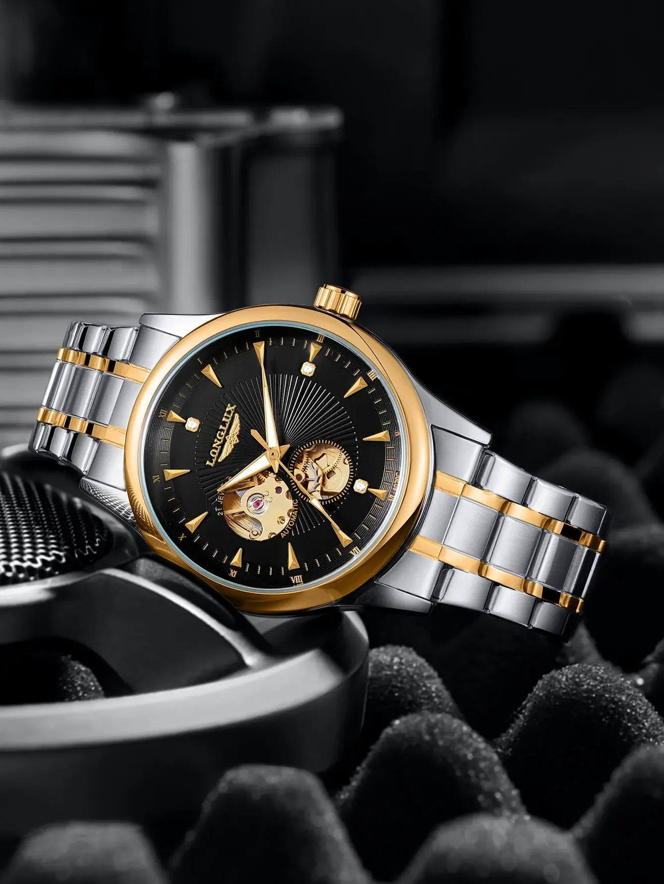 

Men automatic watch elegant luxury mechanical watches waterproof skeleton business stainless steel mens watch boyfriend gift
