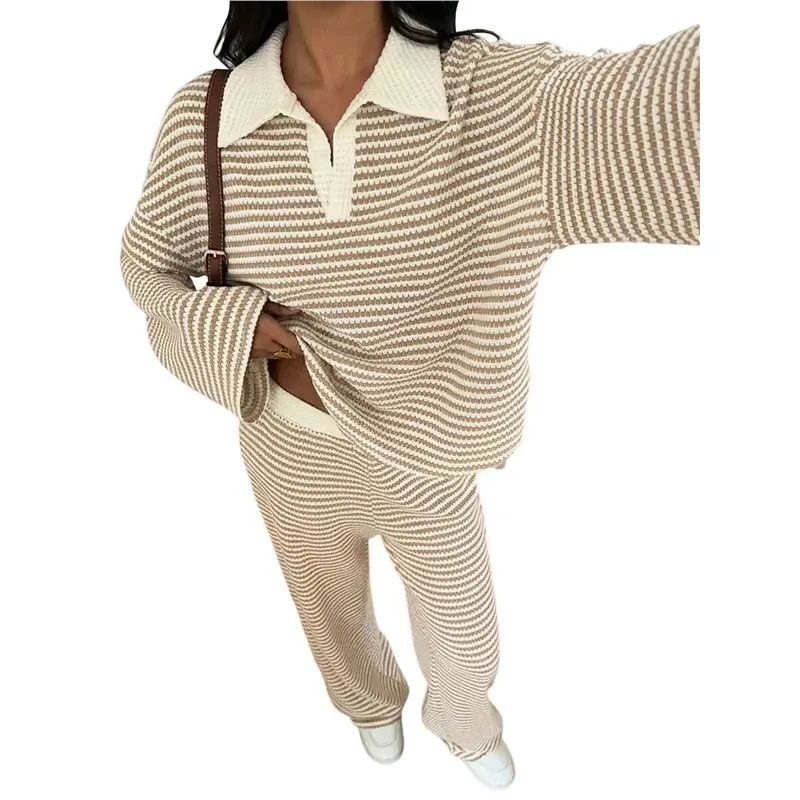 

CYL-Womens Sweater Set 2 Piece Outfits Striped Long Sleeve Collared Tops Wide Leg Pants Lounge Sets