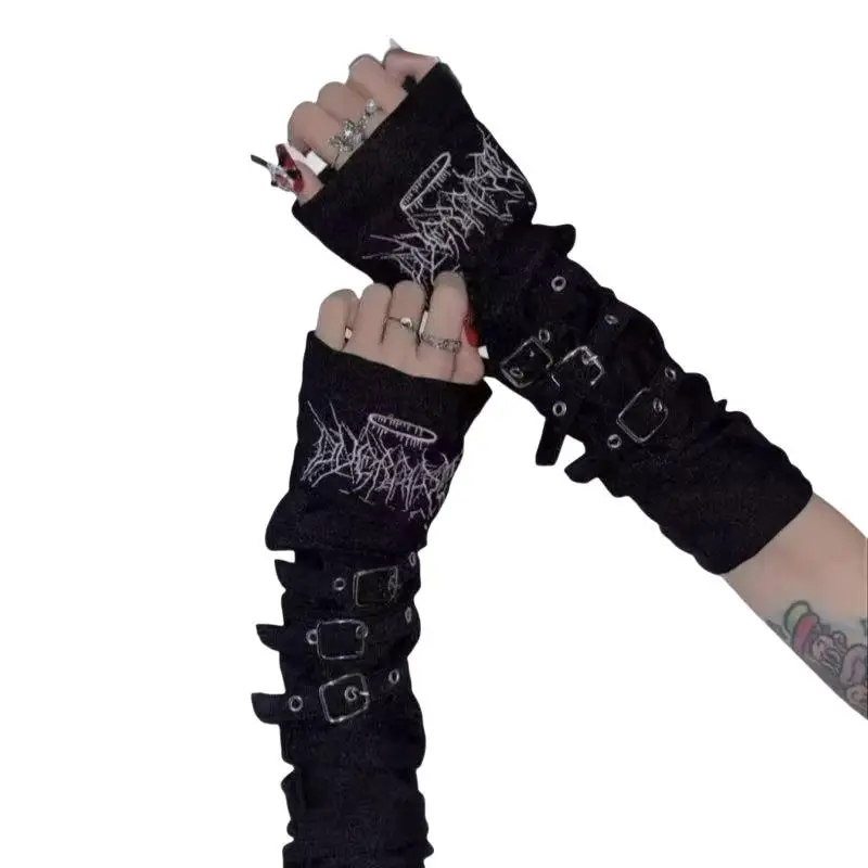 1 Paar schwarze, fingerlose, lange Handschuhe im Gothic-Stil mit Stickereien, verstellbaren Schnallen, ideal für Halloween, Cosplay, Punk-Partys und als Streetwear. – Detail 3