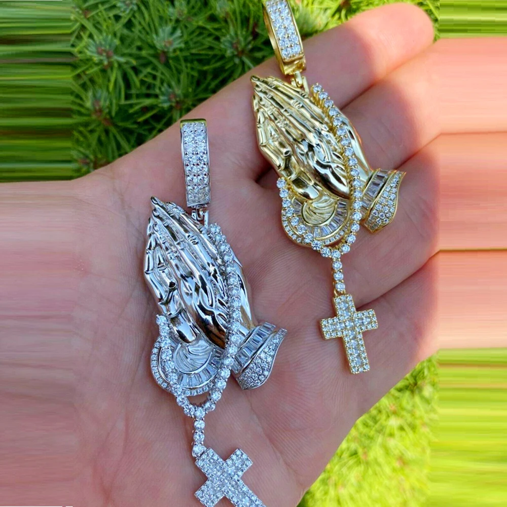 

Iced Out Bling 5A Cubic Zirconia Praying Hands Cross Pendant Necklaces For Men Gold Color Hiphop Tennis Chain Jewelry