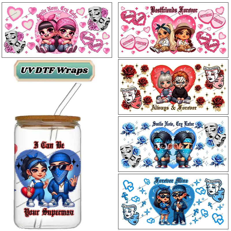 Chicano Couple UV DTF Wraps Cute Chibi & Rose Stickers for 16oz Glass Cans Waterproof DIY Decals