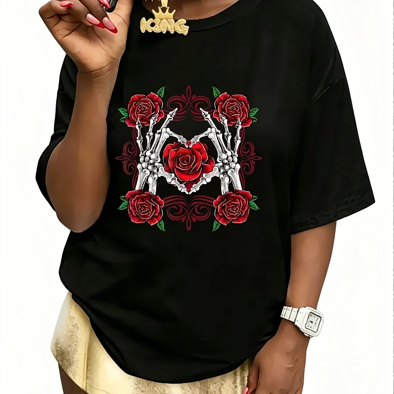 Skeleton Hand Red Rose Flower Women's T-Shirt 100% Cotton Fun Print Short Sleeve Top Casual Round Neck Tee S-5Xl