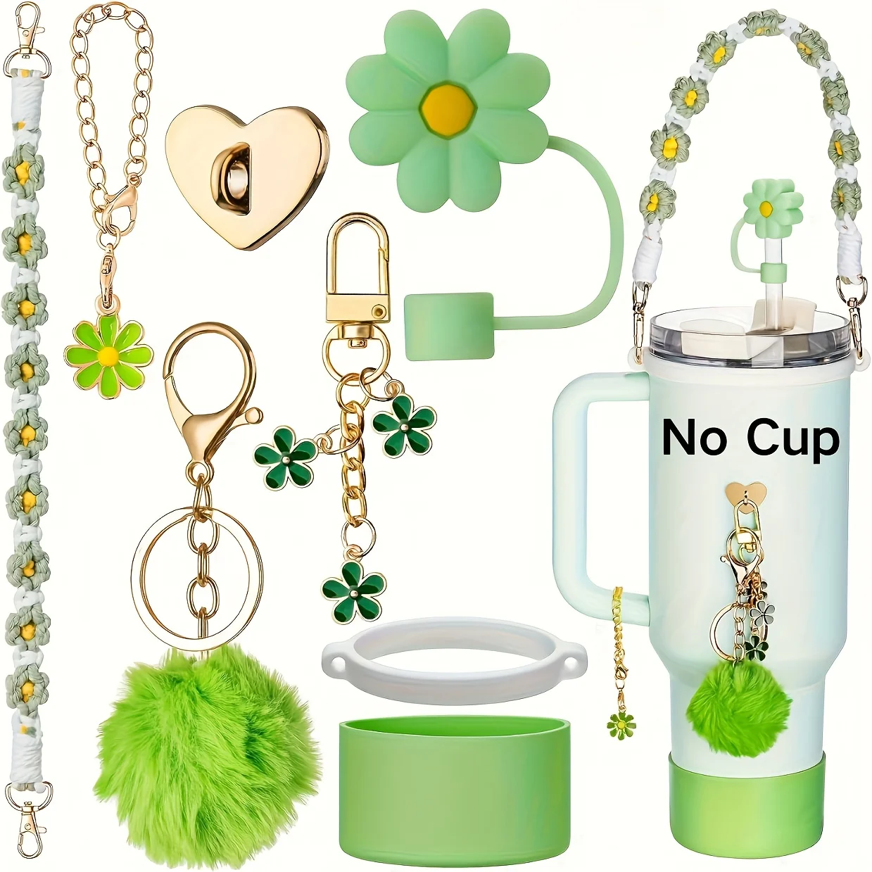 8pcs Accessories for 40&30oz with Handle Strap - Including Straw Cover Cap, Water Strap, Heart Hook, Silicone Sleeve Boot, Keych