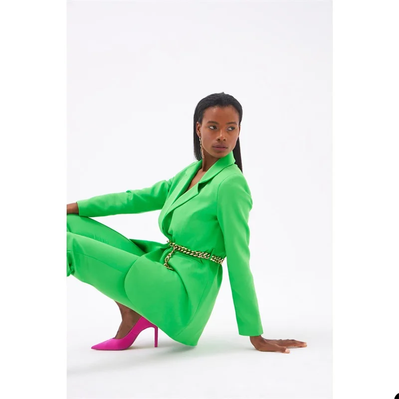 New Green Women Suits Pants Set 2 Pcs Blazer With Metal Belt Custom Size Prom Dress женский костюм Fashion Street Wear