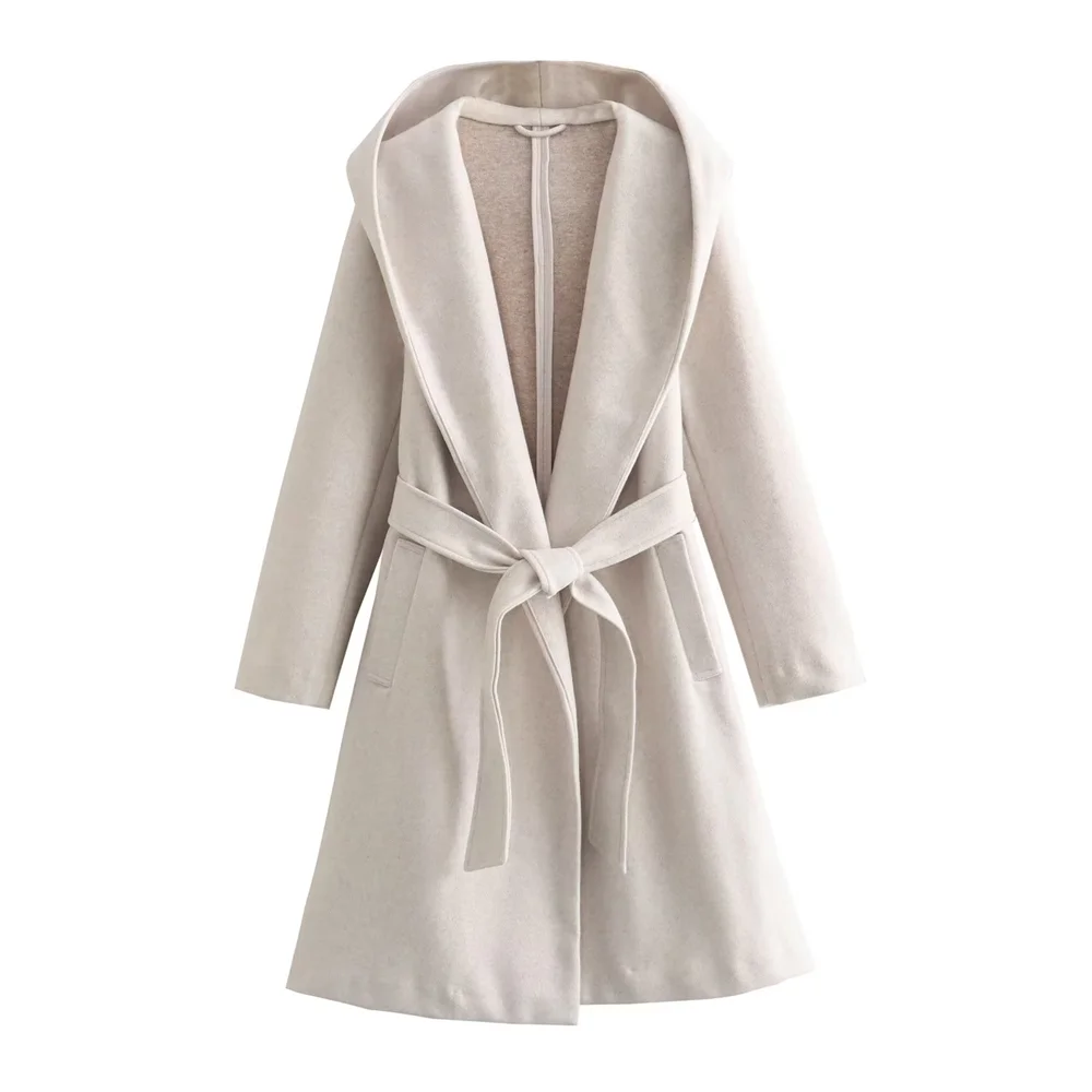 PB&ZA 2023 Autumn and Winter New Women\'s Fashion and Temperament Mid Length Belt Loose Coat Hooded Woolen Coat