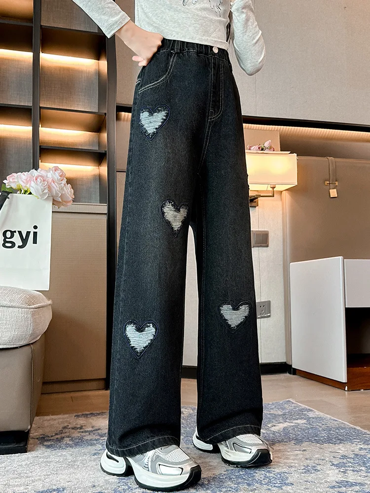 Teen Girl Black Jeans 2024 Pop Street Trendy Hole Broken Ripped heart Straight Narrow Loose Wide Leg Pants junir kids trousers