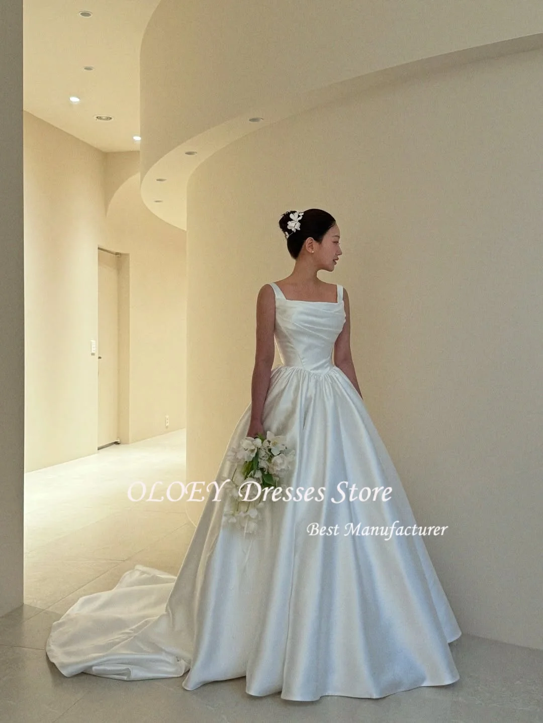 OLOEY Korea Square Neck Satin Lace-up Wedding Dresses 웨딩드레스 Corset Simple Ivory Customized Pretty Bride Gowns Plus Size