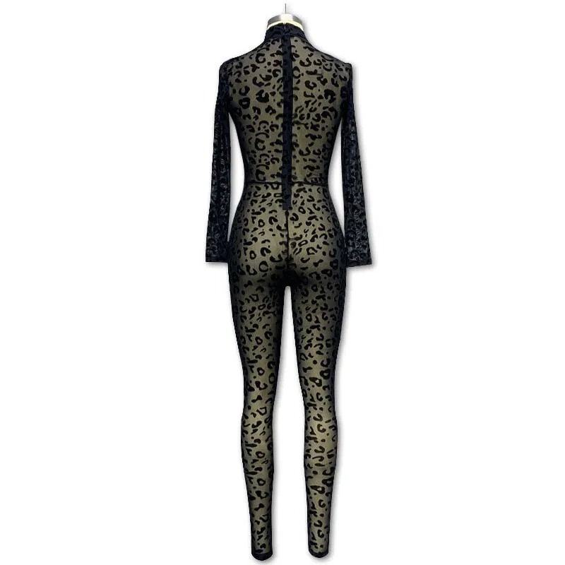 New women's Western style jumpsuit slim long sleeve sexy flocking perspective slimming jumpsuit