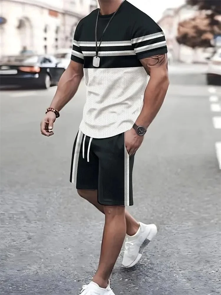 Men's short sleeved shirt outdoor breathable quick drying street fashion breathable casual round neck T-shirt shorts set