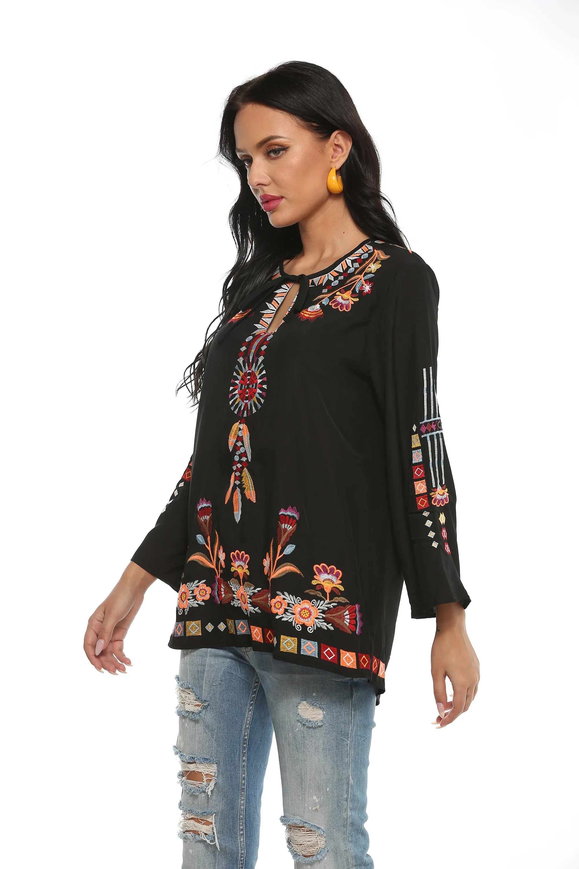 Eaeovni Embroidery Blouses Shirt Women Cotton Boho Mexican Shirt Long Sleeve Shirt Shirts  Summer Plus Size  Shirts For Women