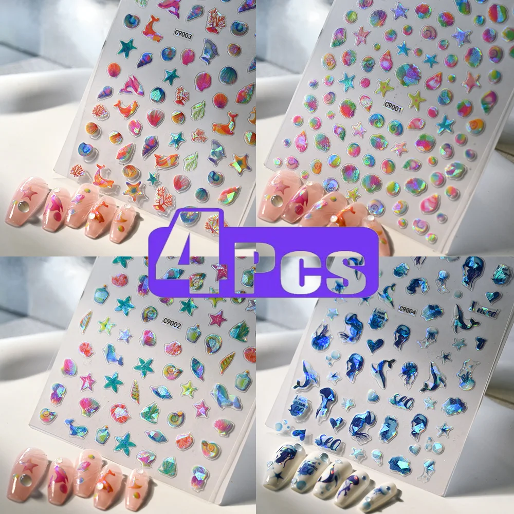 4Pcs Fantasy Beach Summer Dreamy Decals Colorful Seasnail Shell Pearl Conch Jelly Star 3D Decals Soft Relief Nail Art Stickers