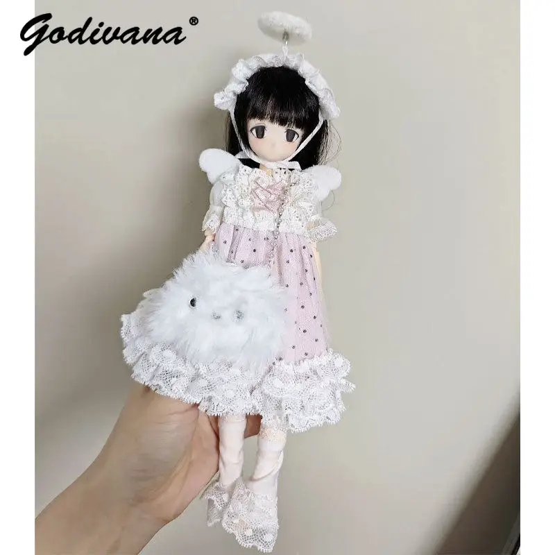 1/6 Sweet Angel BJD Doll Outfit Pink Lace Polka Dot Princess Dress Set with Halo and Angel Wings Kawaii Puppy Plush Bag