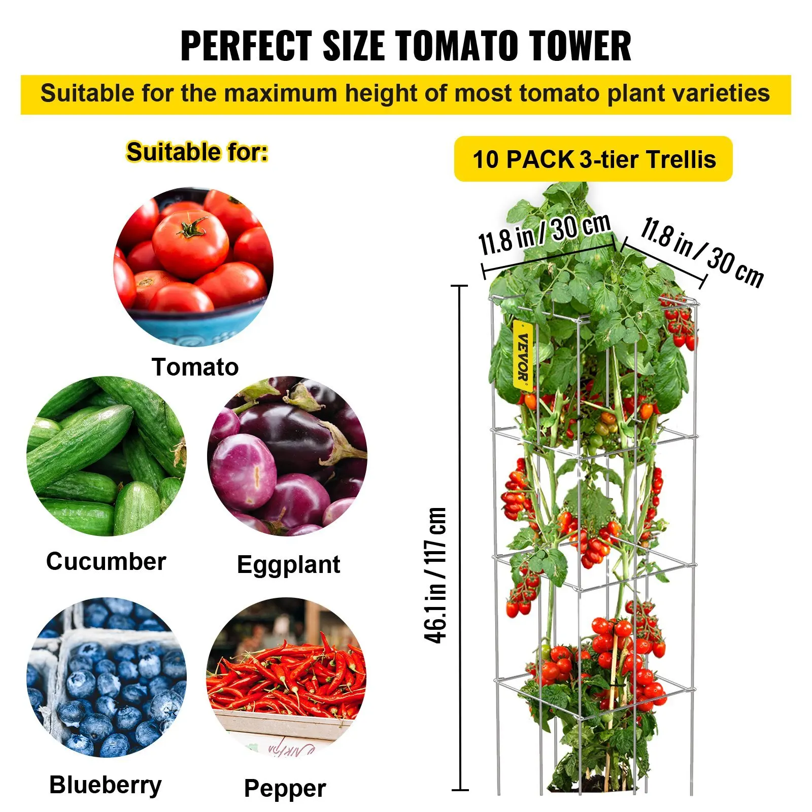 Tours de tomates en acier enduit de PVC argenté, cages de support de plantes carrées pour escalade, 11.8 po x 11.8 po x 46.1 po, 10 paquets