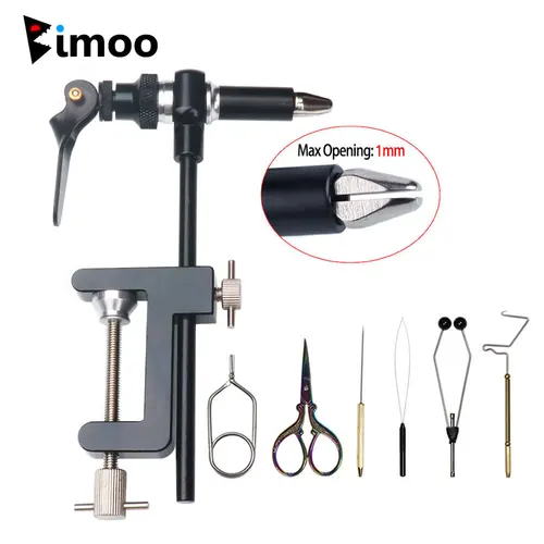 Imagen 1 del producto Bimoo 360 ° Tornillo de banco para atado de moscas con abrazadera en C de rotación con mandíbulas de acero endurecido, Kit de rosca 200D, soporte de bobina, enhebrador, Kit de herramientas para atar moscas