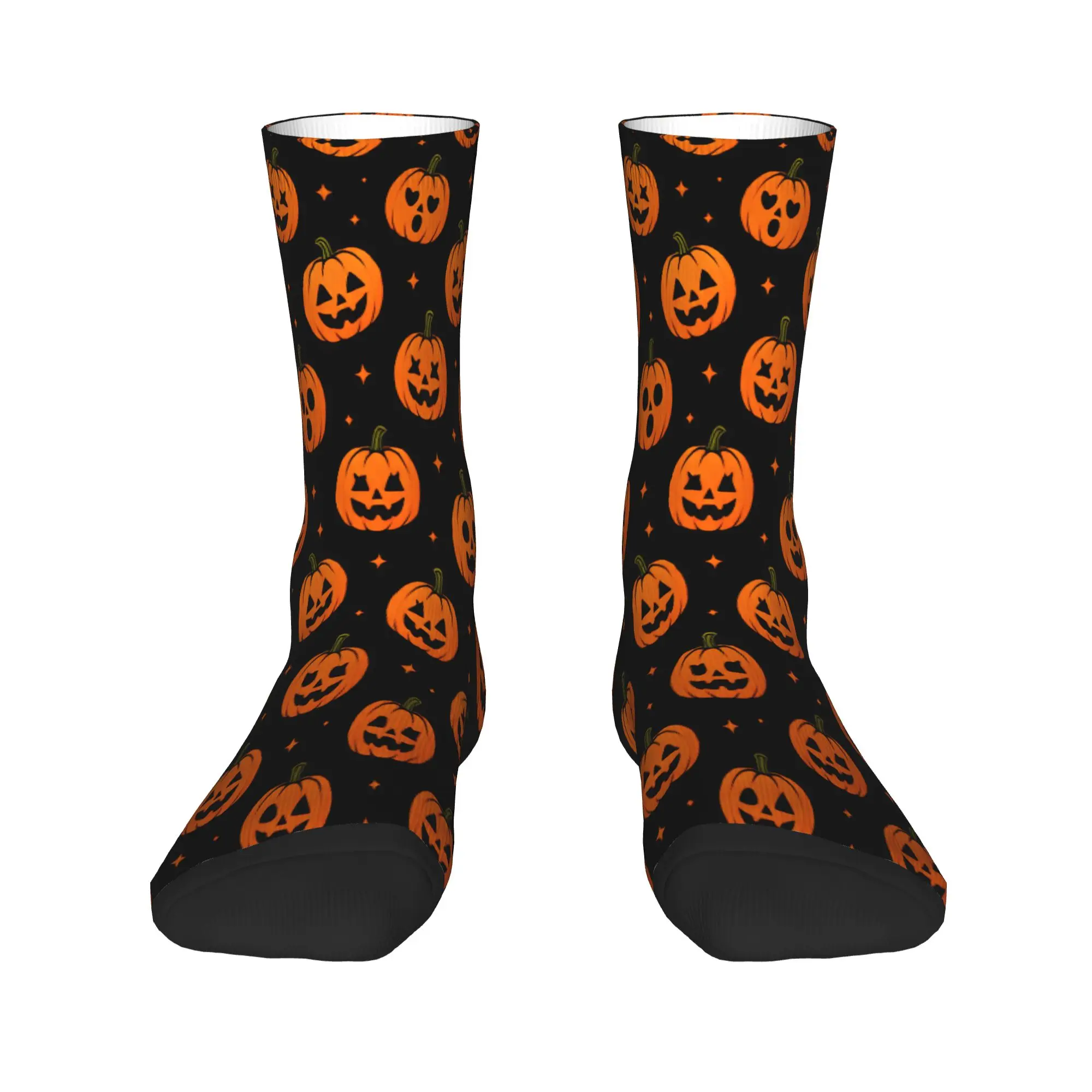 Halloween Different Face Pumpkin Seamless Pattern Black Background Socks  Anti Slip Stockings Unisex Men Warm Soft Outdoor Socks