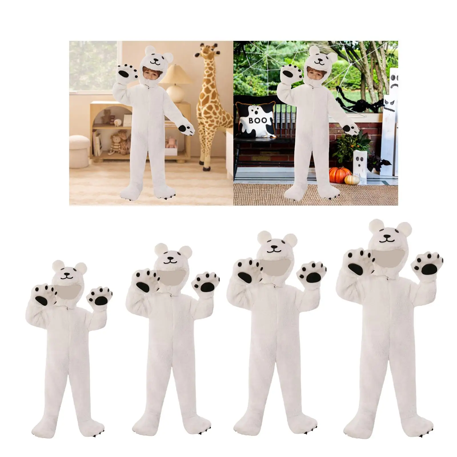 

Boys Girls Polar Bear Cosplay Costume Soft Plush Hooded Jumpsuit Apparel for Halloween Child Party Performance