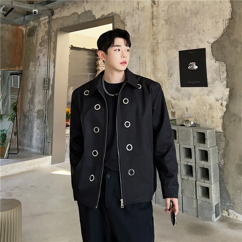

Autumn Men Jacket Trendy Niche Metal Round Hole Design Korean Casual Style Short Coats Chic Personality Casual Outerwear
