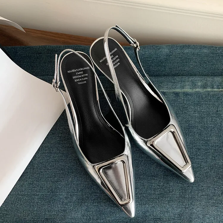 2024Silver Leather Women Slingback Pumps Metal Buckle Shallow High Heels Black Chic Office Lady Work Sandalias Femmes Zapatillas