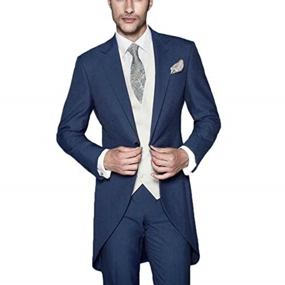 

Blazer Set Dark Blue Slim Fitted Luxury Man Jacket Trousers Vest 3 Pieces Business Wedding Party Formal Occasions Elegant