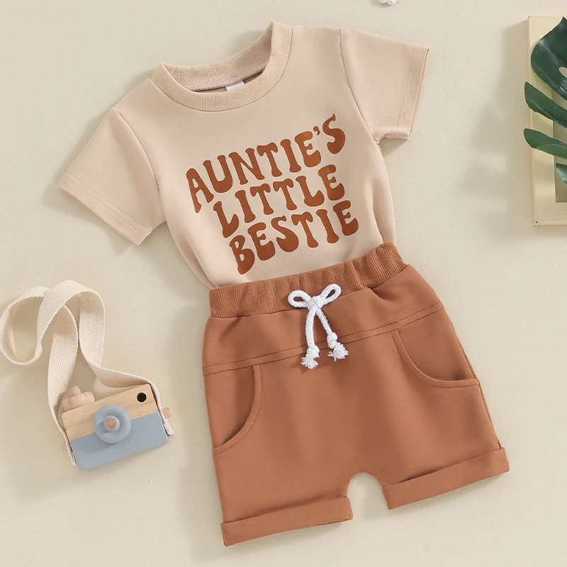 2023-11-15 Lioraitiin 0-3Y Toddler Baby Girl Summer Outfit Aunties Little Bestie T Shirt Tops Elastic Shorts Set Infant Clothes