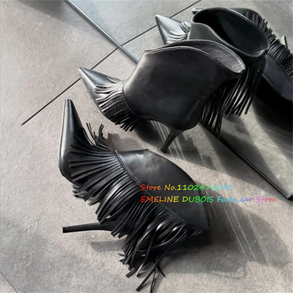 Black Pu Leather High Heel Ankle Boot Women Sexy Pointed Toe Stiletto Heel Fringe Decor Solid Colorwinter New Short Boots