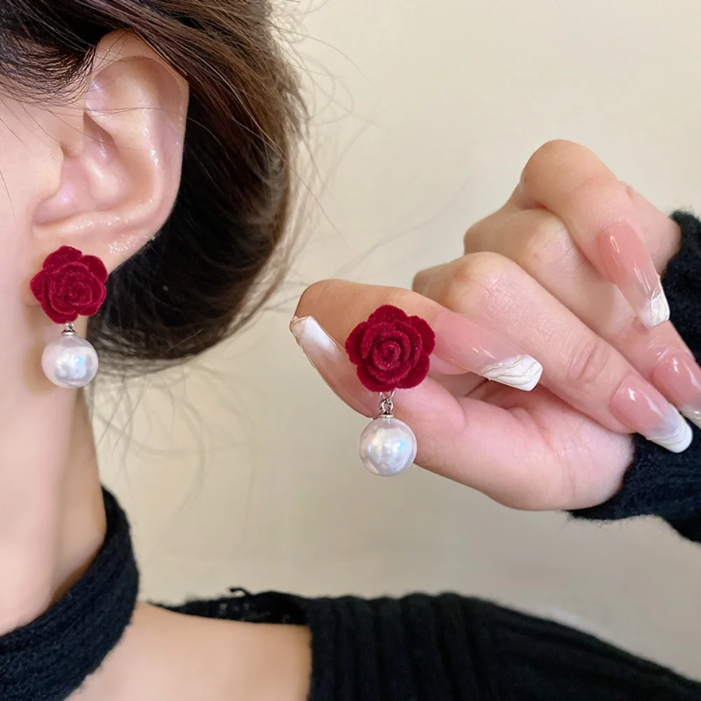 Серьги с цветком розы, серьги с цветком розы, свежие винно-красные серьги с свежим жемчугом, новый модный дизайн, ювелирные изделия в стиле ретро, аксессуары, сексуальные