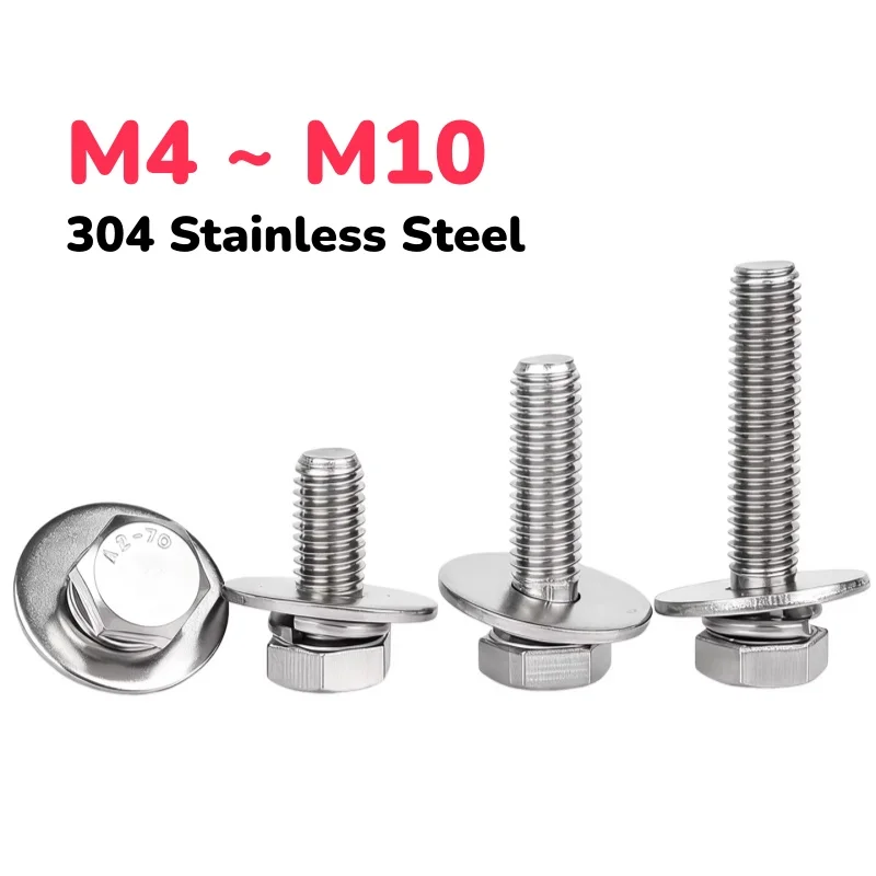 304 Stainless Steel M4 M5 M6 M8 M10 External Hex Hexagon Head Screw Flat Washer Spring Gasket 3 In1 Assemble Bolt