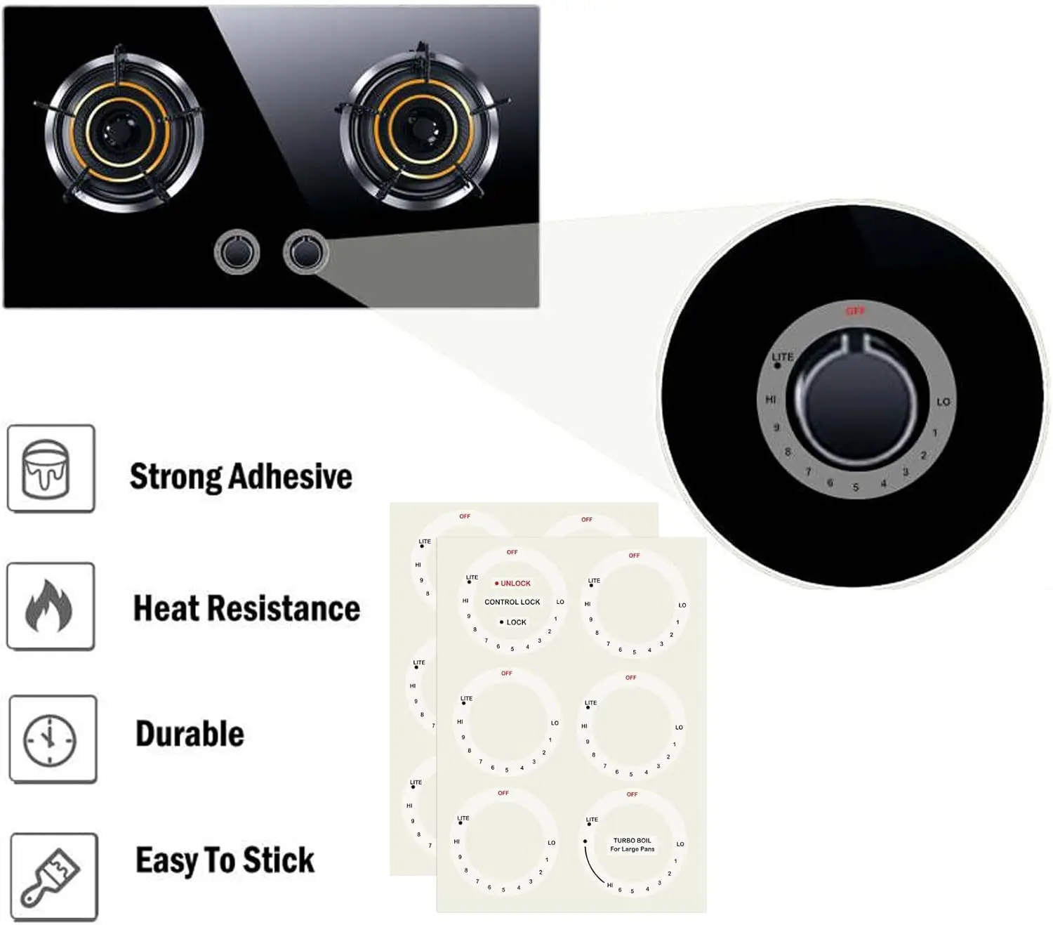 버너 쿡탑용 스토브 다이얼 스티커, 교체 접착제 손잡이 기호 라벨, 버너 식별용, 12 개