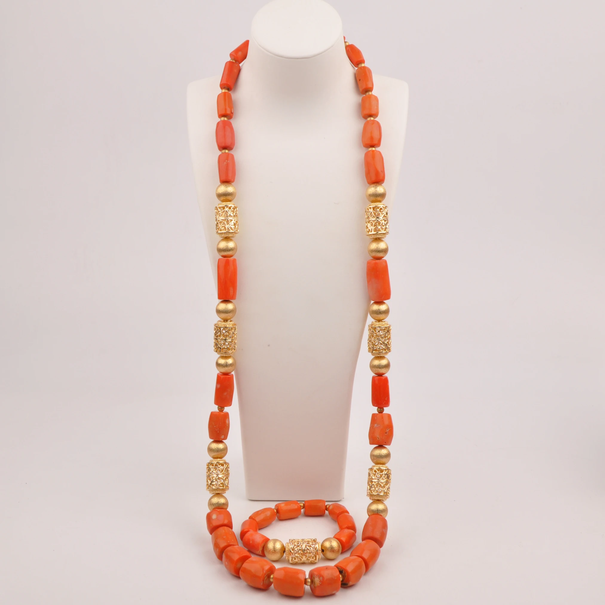 Fashion 120cm about 48inches African Coral Jewelry Set for Men Nigerian Wedding Groom Jewelry Sets