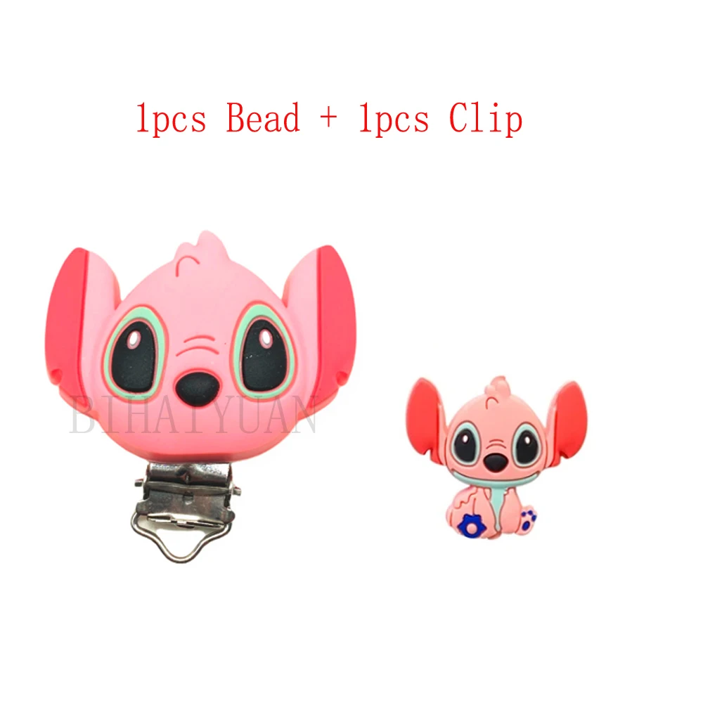 2pcs one set Stitch and Angel Dumbo marie cat Silicone Pacifier clip Molar Bead DIY Pacifier Chain Jewelry Accessories