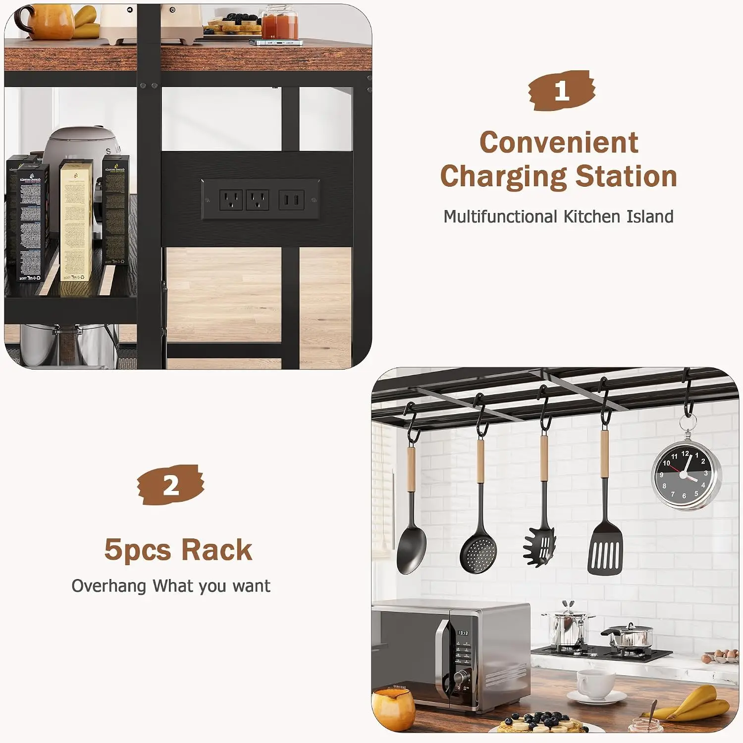 Kitchen Island 47" Storage Power Outlet Bakers Rack Microwave Stand 5 Hooks Industrial Coffee Bar Dining Living Room, Customized image 4
