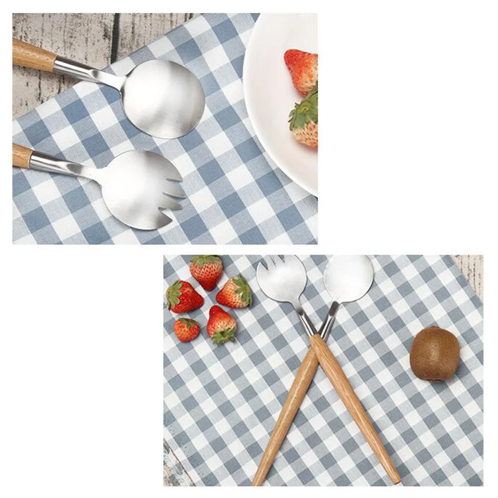 

2pcs Salad Fork Spoon Set Stainless Steel Wooden Handle Smooth Finish No Rough Edges Dishwasher Safe For Picnics Parties School