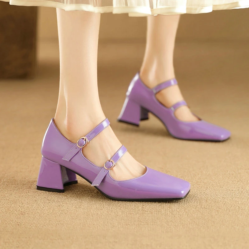 Patent Leather Purple Green Closed Toe Double Buckle Belt Luxury Women Shoes Spring Fall Chunky High Heels Mary Janes Pumps