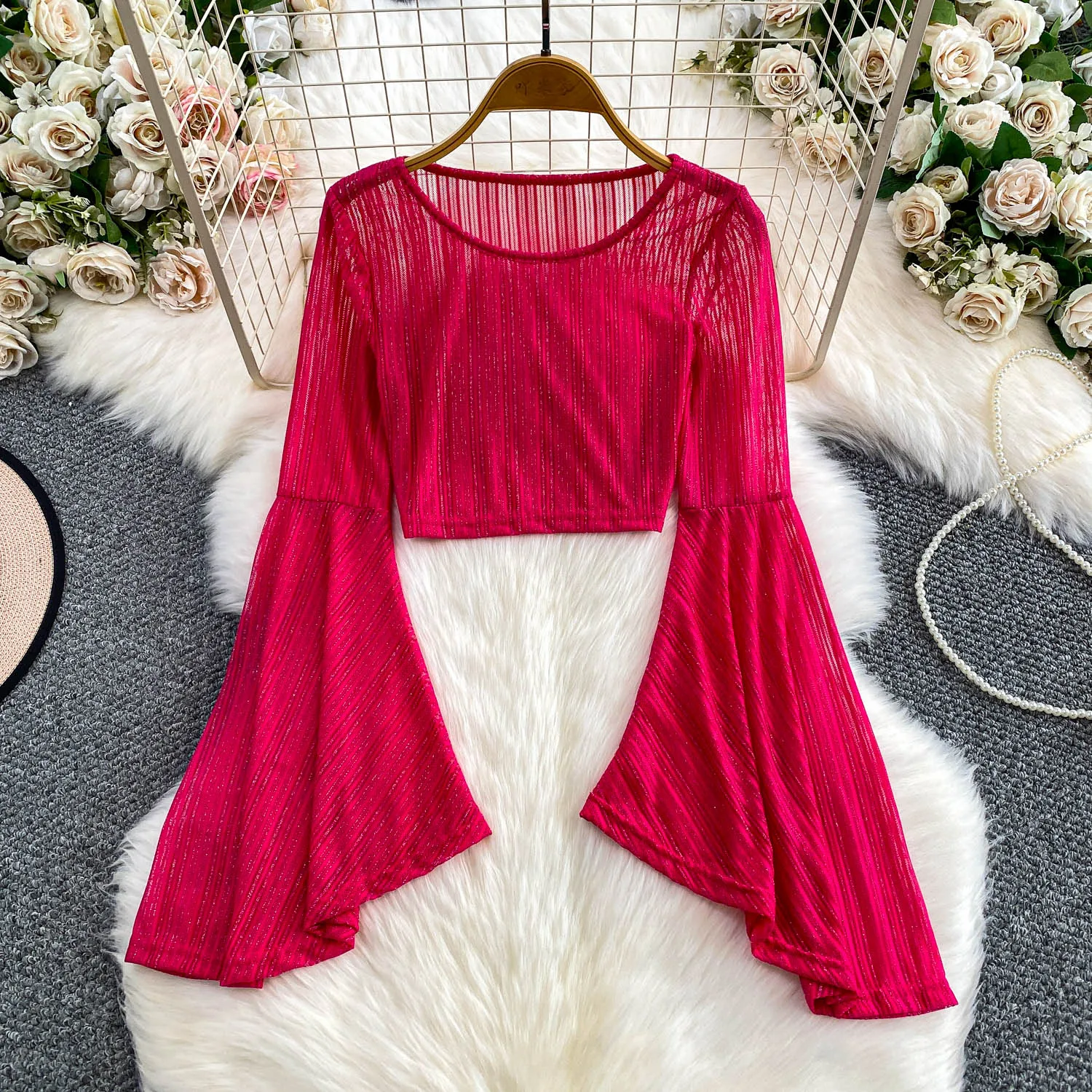 

Элегантная винтажная однотонная блузка с расклешенными рукавами и длинными рукавами, корейский модный топ, женская шикарная готическая рубашка на осень и зиму