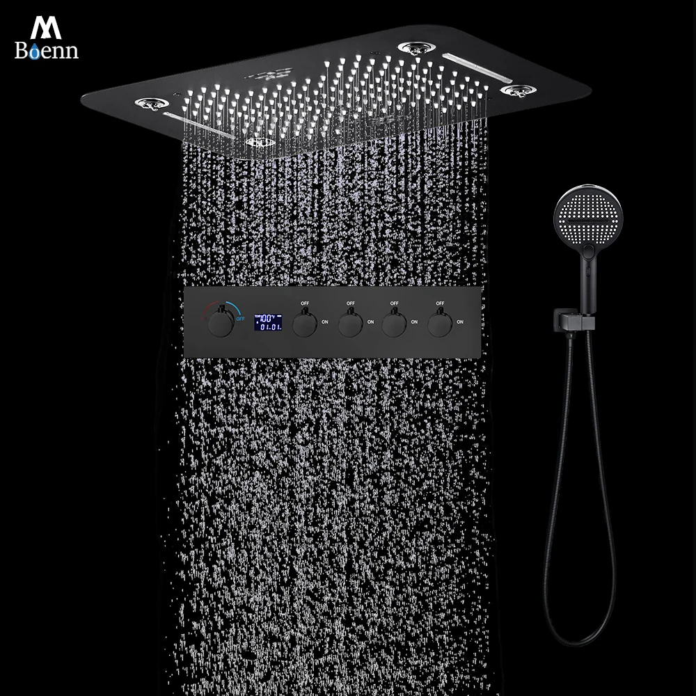 

M Boenn Luxurious Matte Black Shower Set System Bathroom Faucet Ceiling Rainfall Shower Head 4 Functions Hot and Cold Controller