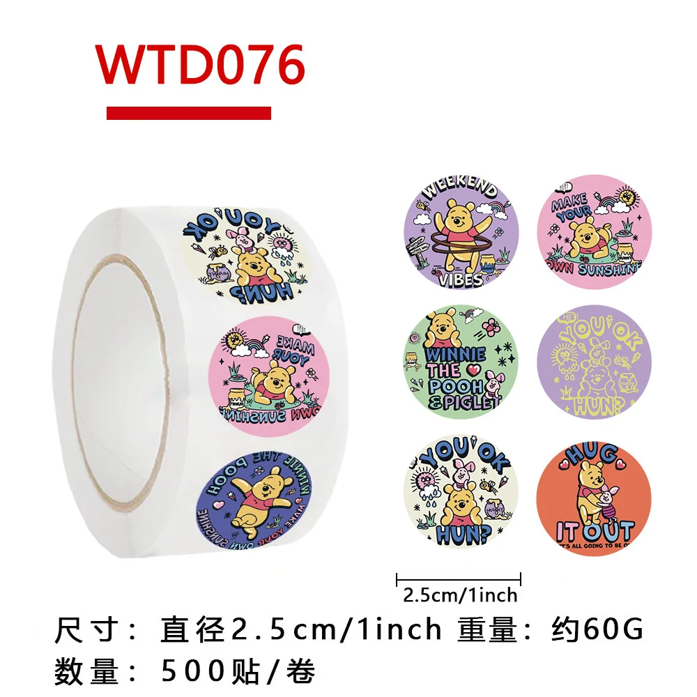 500Pcs/Roll Disney Pooh Winnie Stickers DIY PVC Phone Decals Decoration Round English Encourage Sealing Stiker Reward Gift Toys