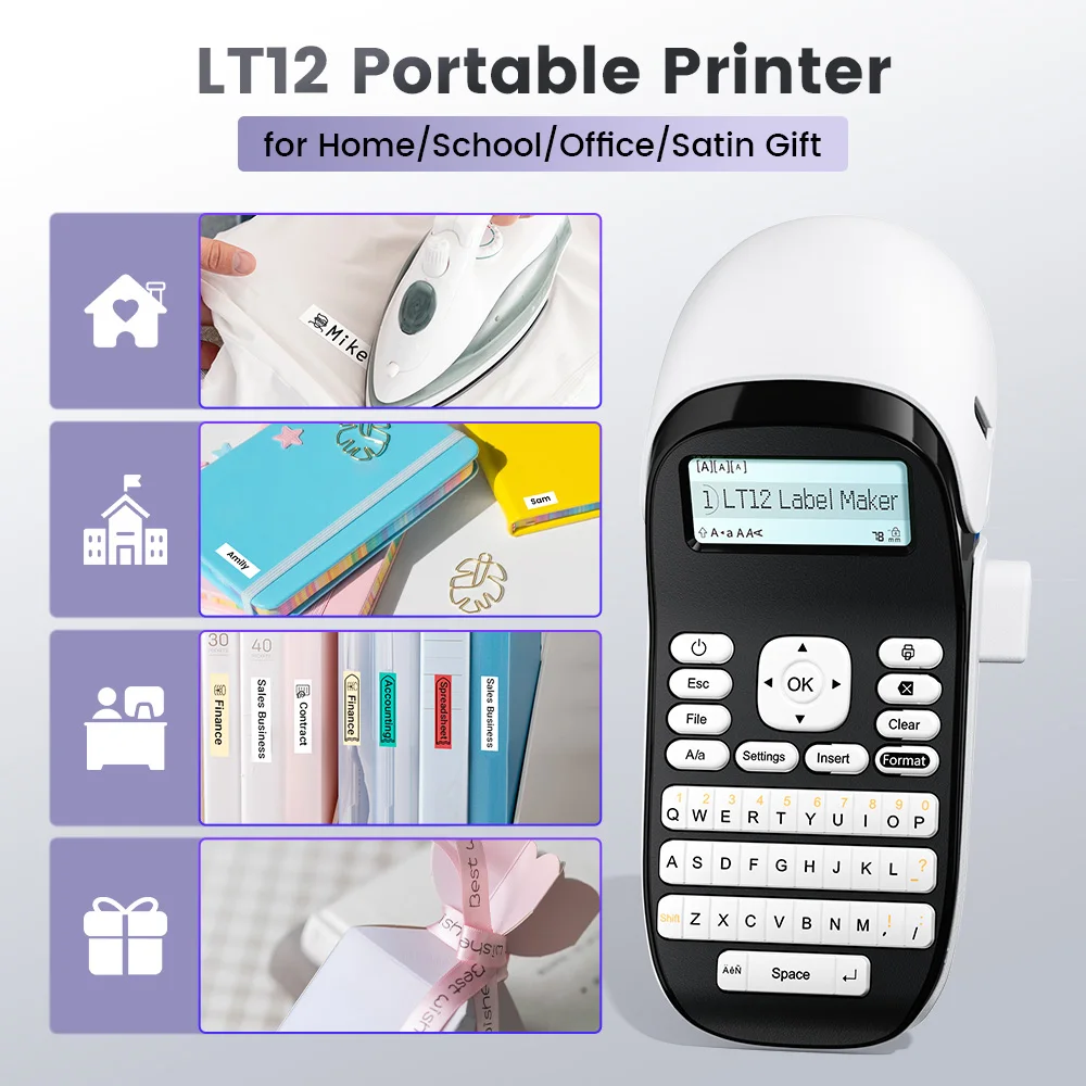 LT12 Label Maker Портативный бесчернильный принтер для этикеток Bluetooth Ручной принтер для наклеек для офиса и дома Qwerty Клавиатура One-Touch Key