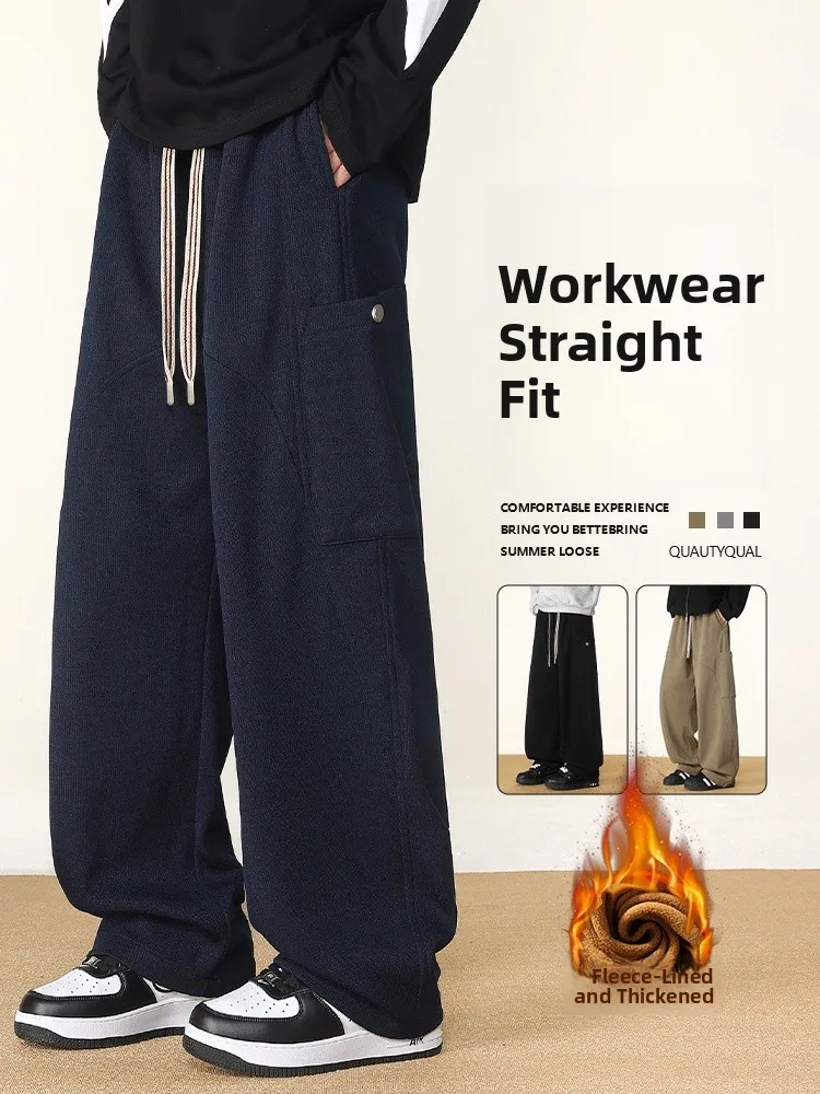 

Men's Workwear Casual Pants Fce Lined Straight Leg Wide Leg Winter Warm Trousers Comfortable Loose Fit American Sle