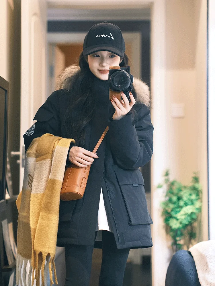 

Американский ретро-парка с большим меховым воротником, женская зимняя свободная хлопковая куртка, теплая рабочая одежда, открытый кардиган, верхняя одежда