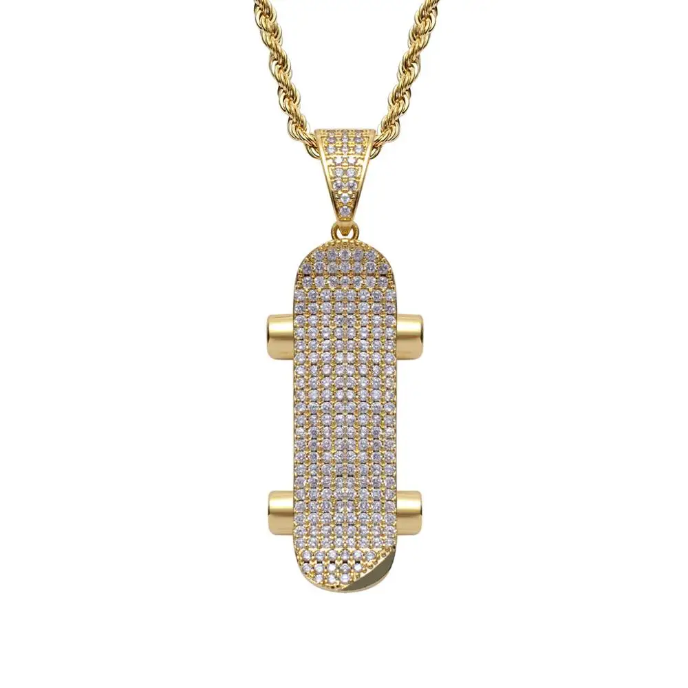 Hip Hop Rock Micro Pave AAA CZ Stone Bling Iced Out Skateboard Pendants Necklace for Men Rapper Jewelry Drop Shipping