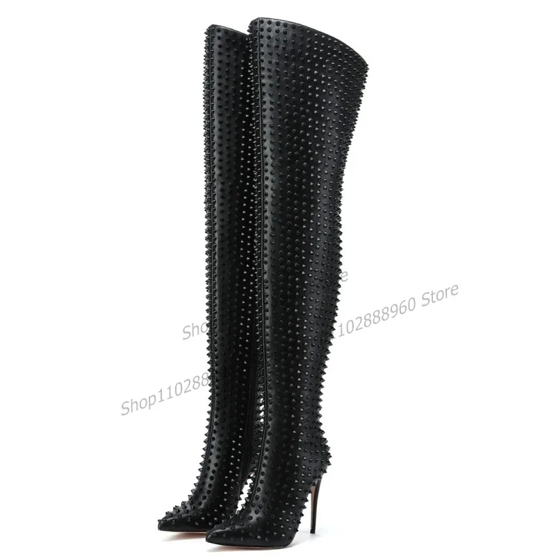 Thigh Heel Black Rivet Decor Boots Stilettos High Heel Women Shoes Side Zipper Pointed Toe 2023 Fashionable Zapatos Para Mujere