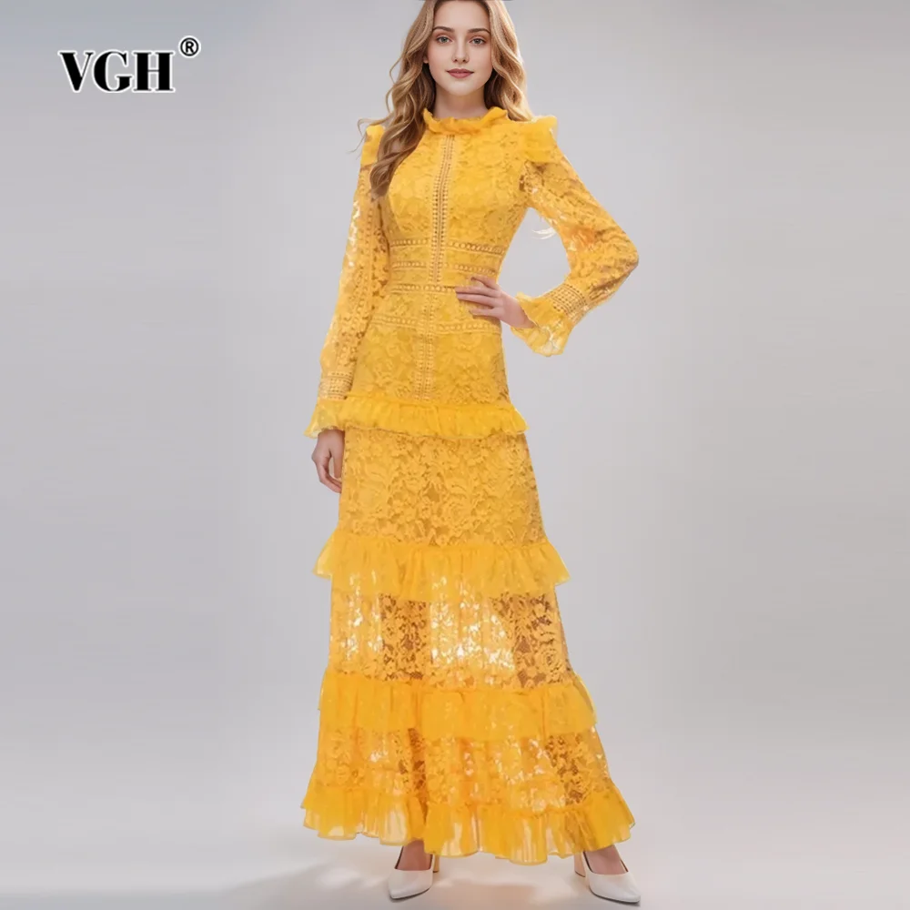 

VGH solid Patchwork Lace elegant Dress For Women Stand Collar long Sleeve High Waist Spliced zipper slimming Dresses Female New