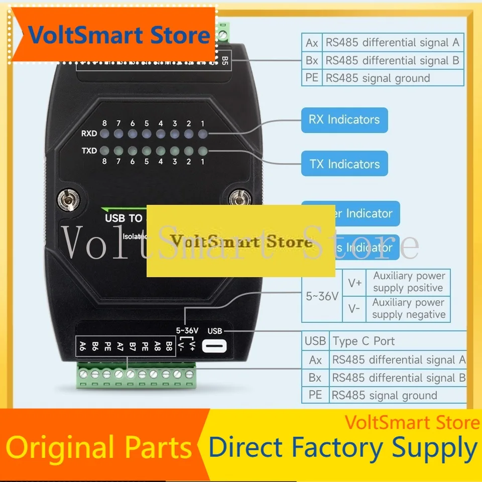 VoltSIndustrial USB To 8-channel RS485 Converter Universal Serial Communication Multiple Protection Circuits